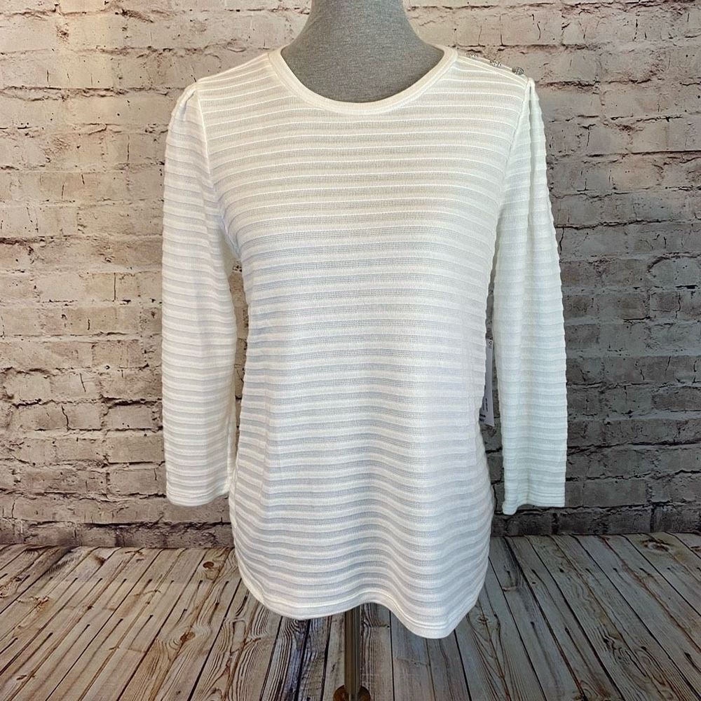 Liz Claiborne Womens Cream Long Sleeve Sweater Striped Button Embellished Medium